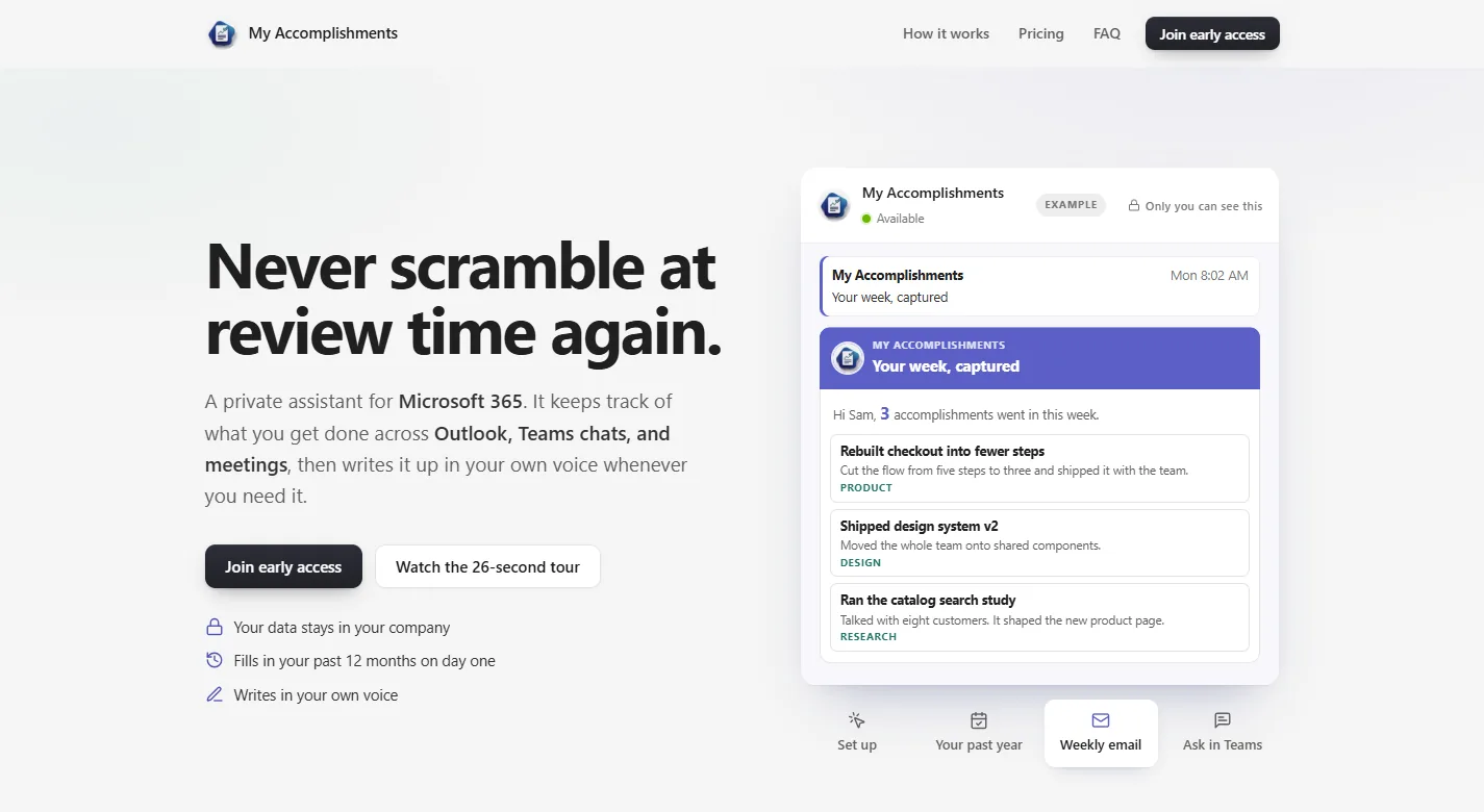 The homepage, live at myaccomplishments.app, paused on the weekly email step. Example content.