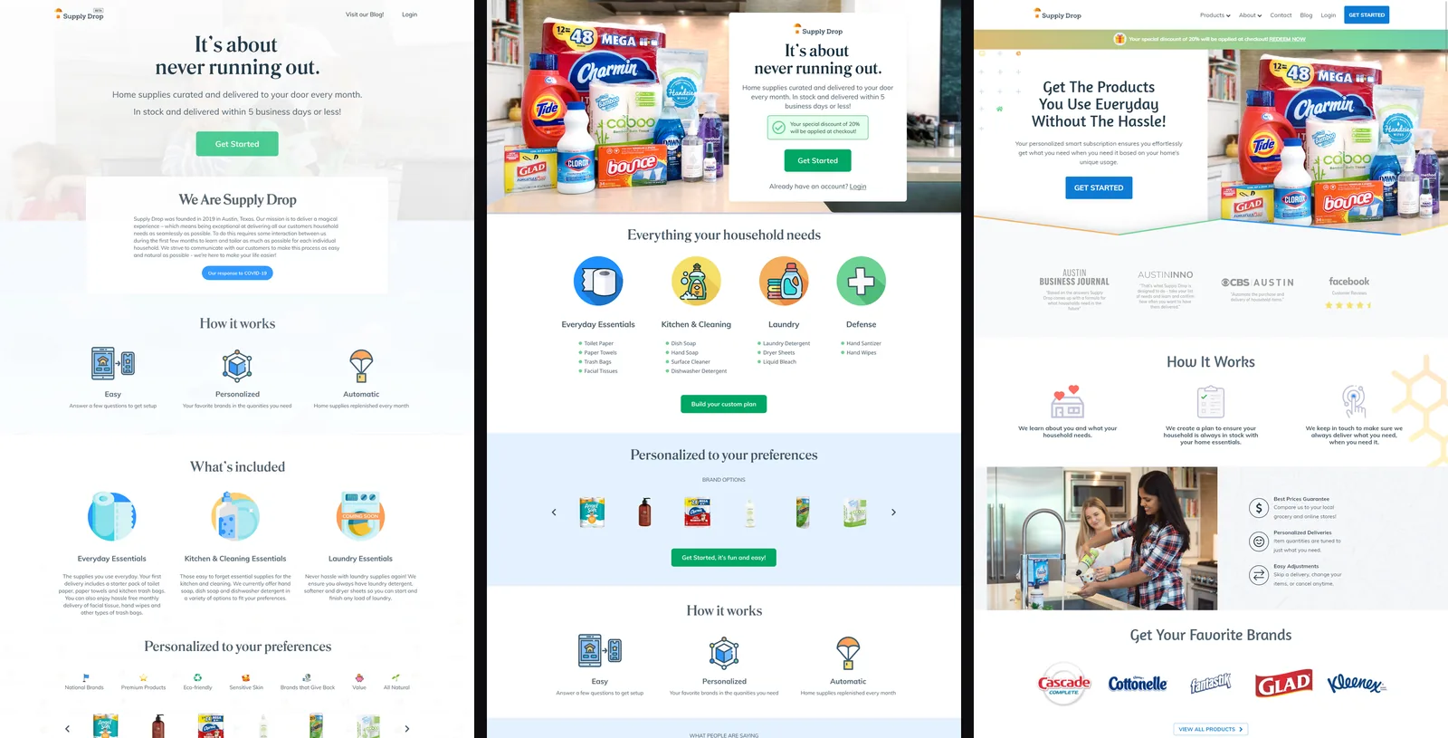 Twelve months of homepage evolution: April 2020, July 2020, February 2021