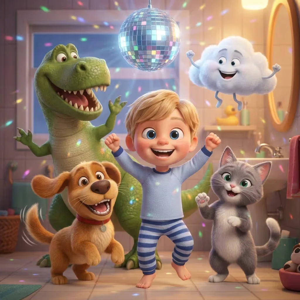 The finale: the child dancing with the whole cast, at the center of their own story.