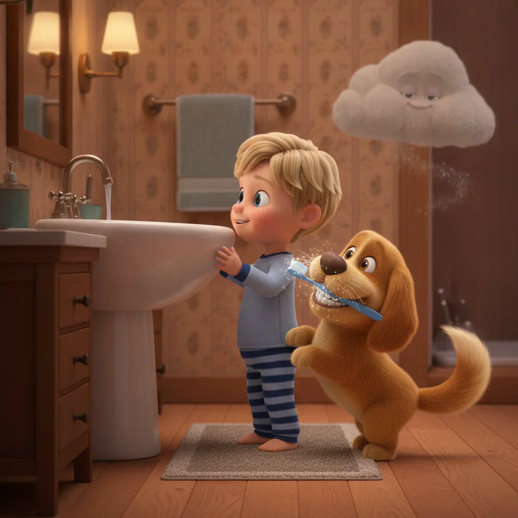 The same child, written into the story as the hero, brushing the family dog&rsquo;s teeth.