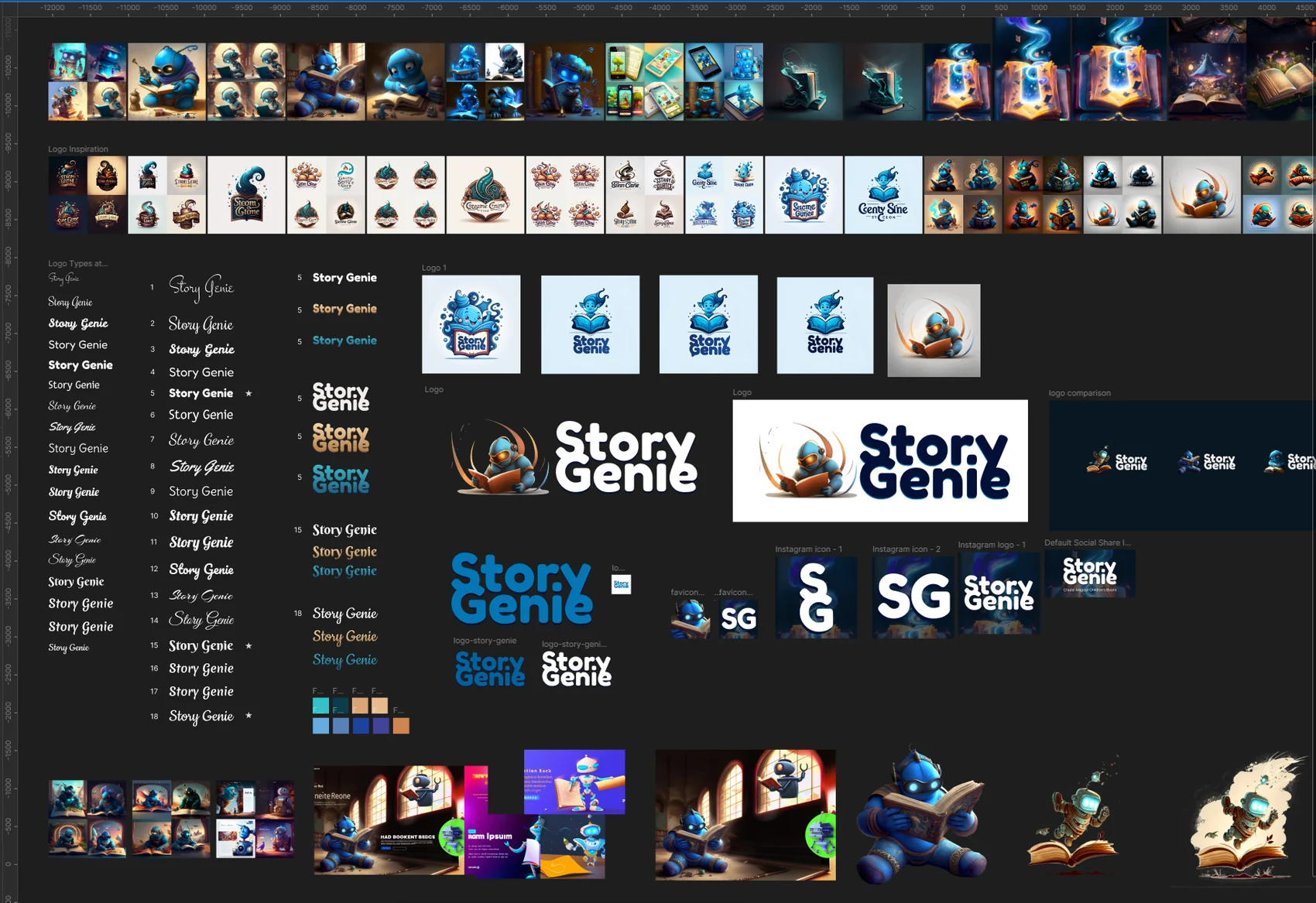 The Story Genie branding exploration board: mascots, marks, type, and palette