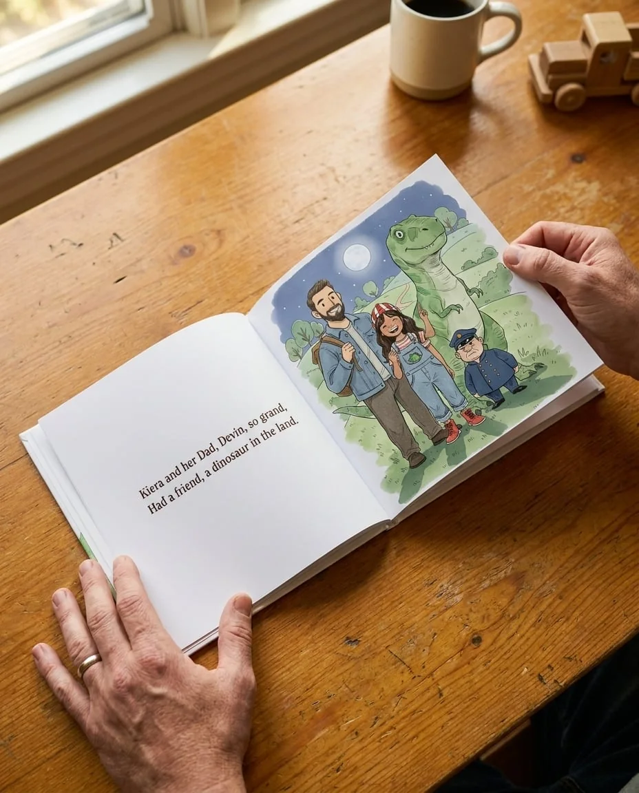 A real printed spread: the child and their dad written into the story