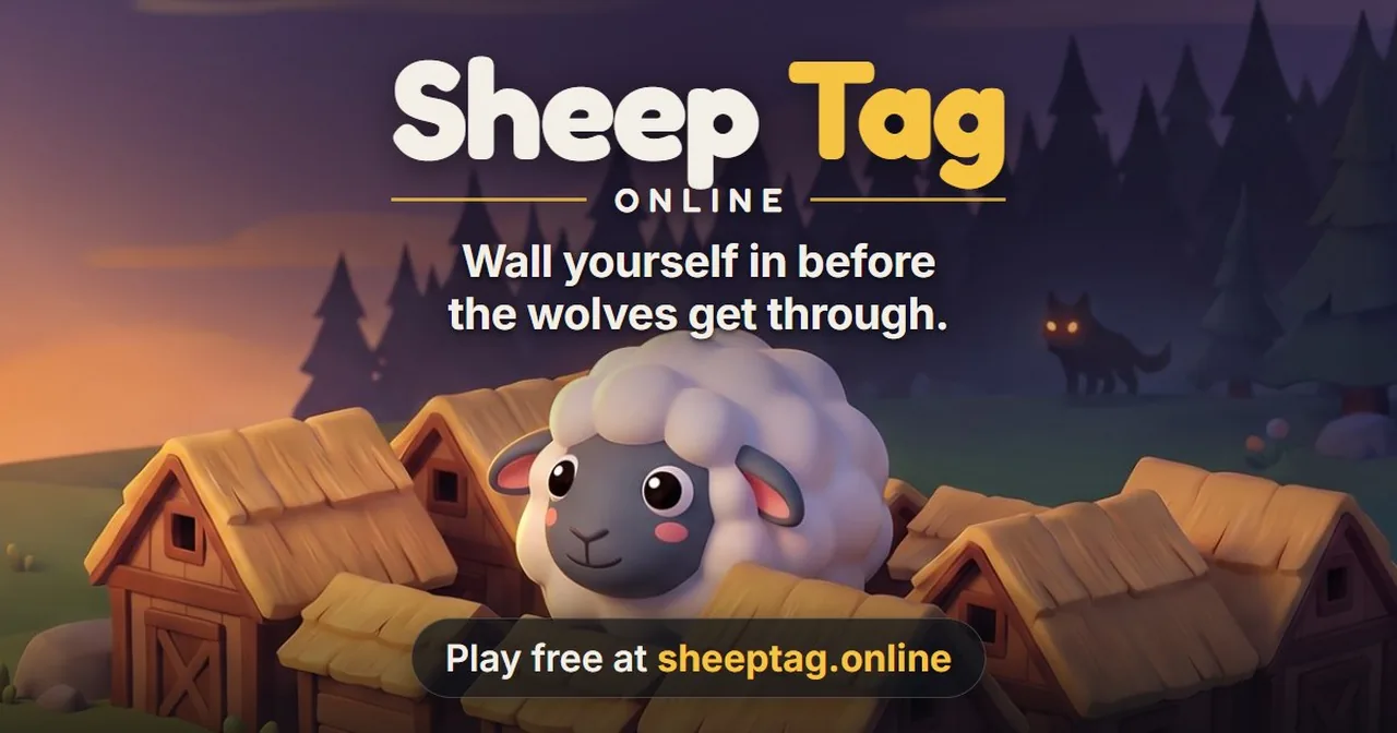 Sheep Tag: a sheep walled in by hay-roofed barns while a wolf watches from the pines. Wall yourself in before the wolves get through.