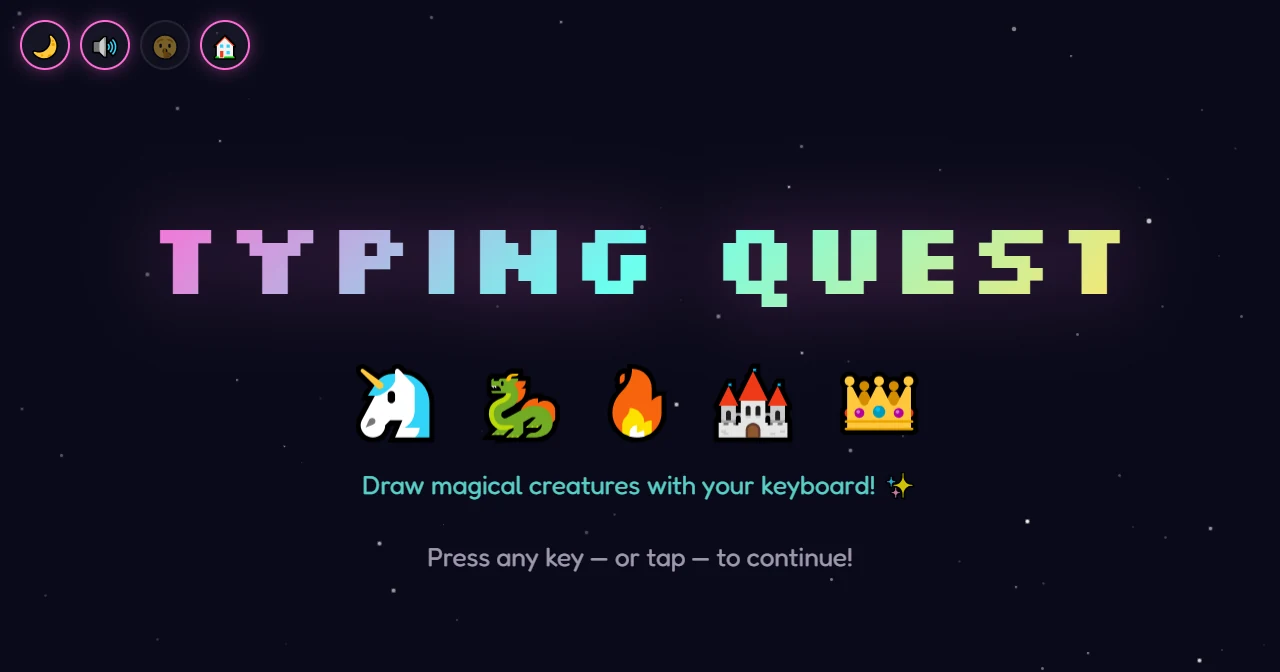 Typing Quest: a keyboard game that draws magical creatures, set on a starfield